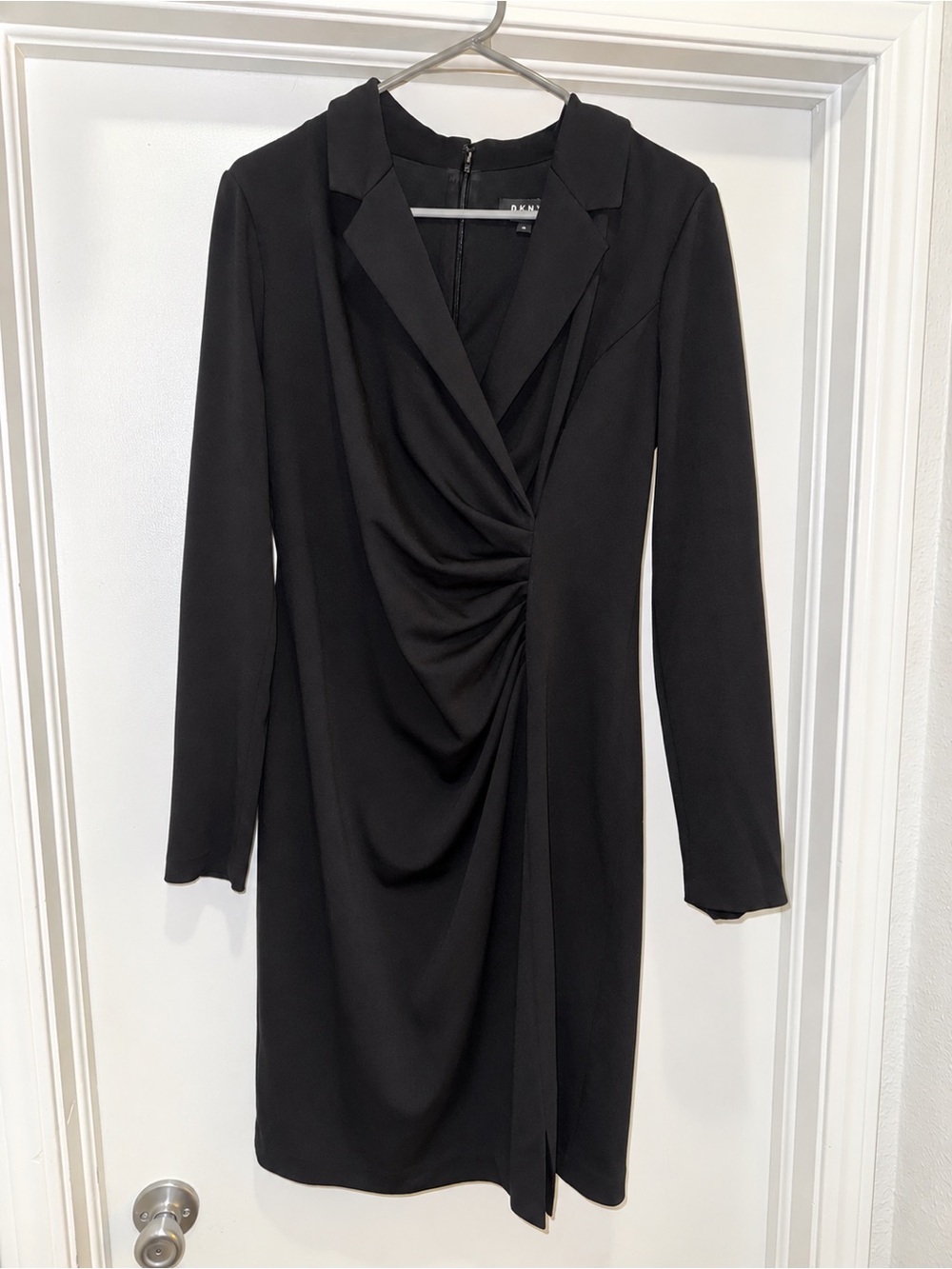 DKNY Black Long-Sleeve Draped V-Neck Dress